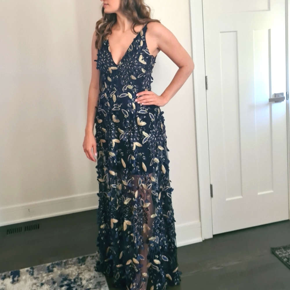 COPY - Xscape Navy Floral A symmmetical slip dress